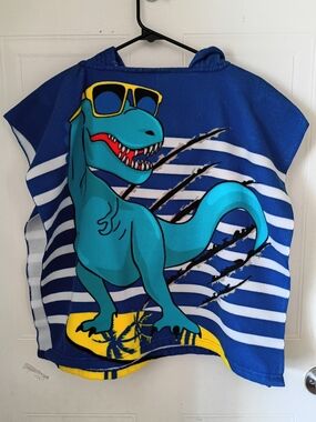 Blue Dino Surf Hooded Kids Poncho